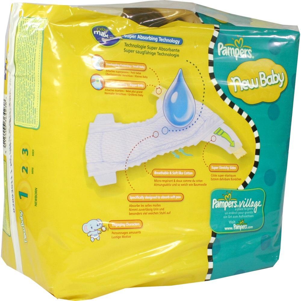 Eine gelbe Packung Pampers New Baby Windeln mit Informationen über deren Eigenschaften.
