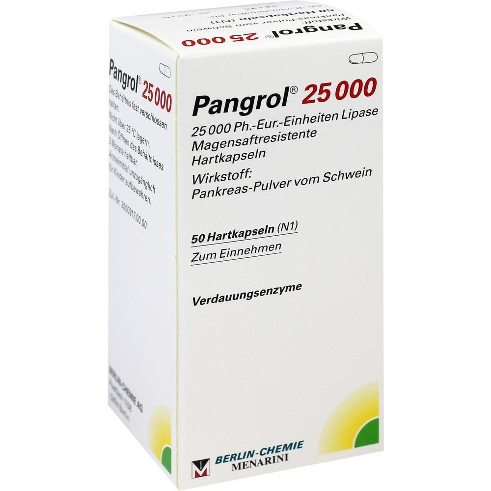 Wei&szlig;e Medikamentenschachtel mit der Aufschrift "Pangrol 25000" f&uuml;r Verdauungsenzyme.