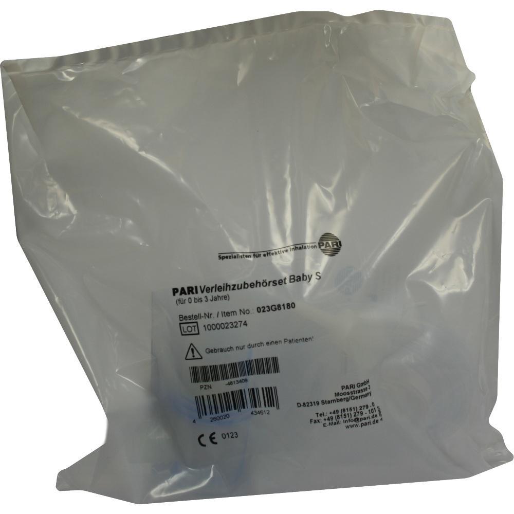 Eine Plastikt&uuml;te mit der Aufschrift "PARI Verleihzubeh&ouml;rset Baby S".