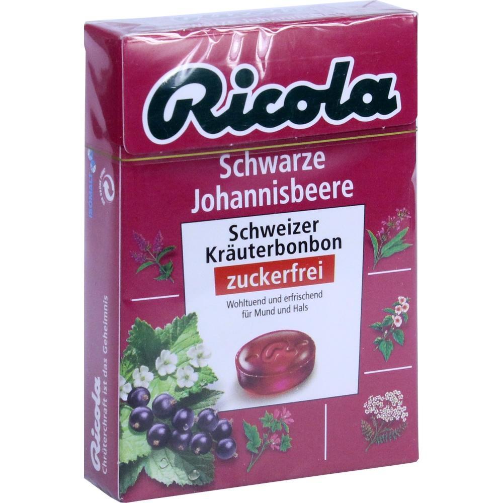 Rote Packung Ricola Bonbons mit schwarzer Johannisbeer- und Kr&auml;utergeschmack, zuckerfrei.