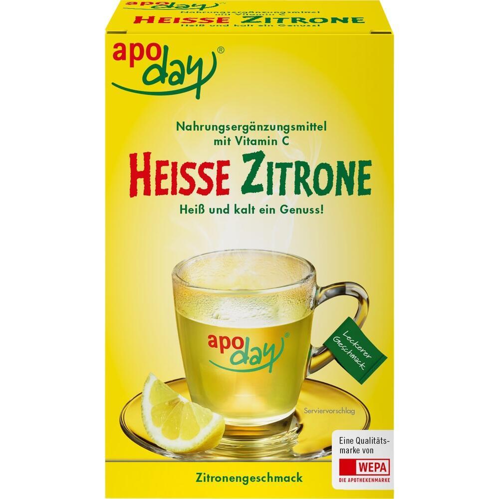 Gelbe Verpackung mit einer Tasse Hei&szlig;getr&auml;nk und Zitronenst&uuml;ck, Vitamin-C-Text.