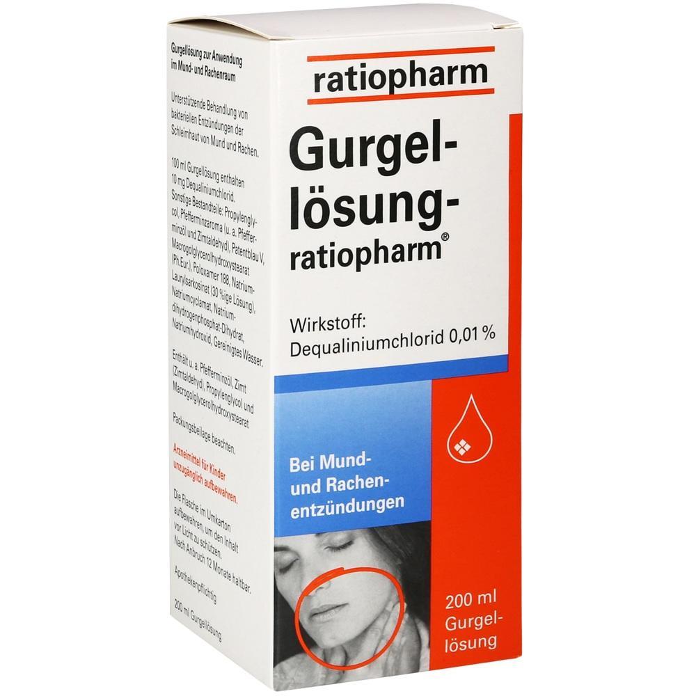 Verpackung einer Gurgellösung gegen Mund- und Rachenentzündungen von Ratiopharm.