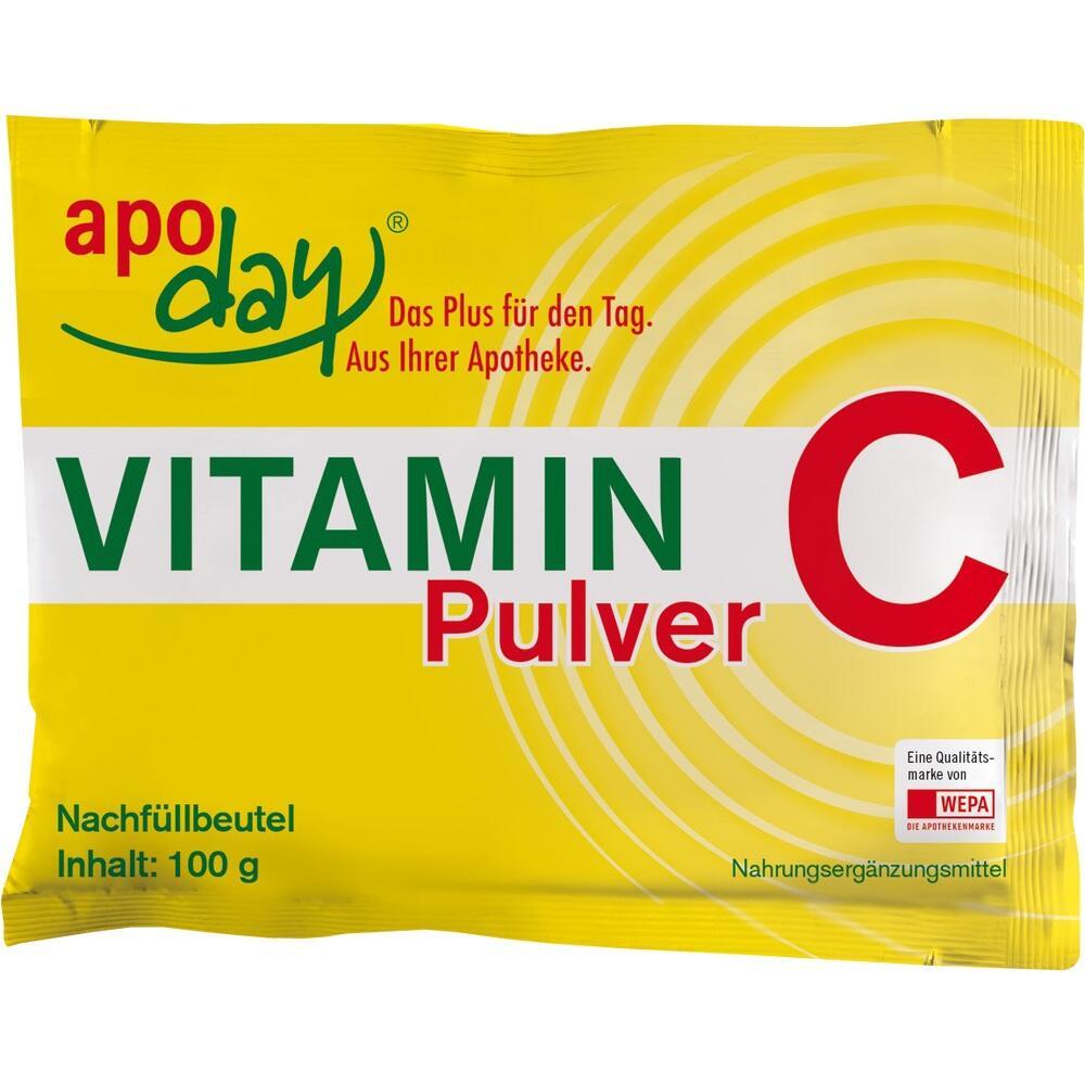 Gelbe Packung mit der Aufschrift "Vitamin C Pulver, 100 g, Nahrungsergänzungsmittel".