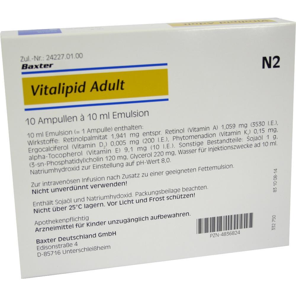 Schachtel mit 10 Ampullen "Vitalipid Adult" zur intravenösen Anwendung.