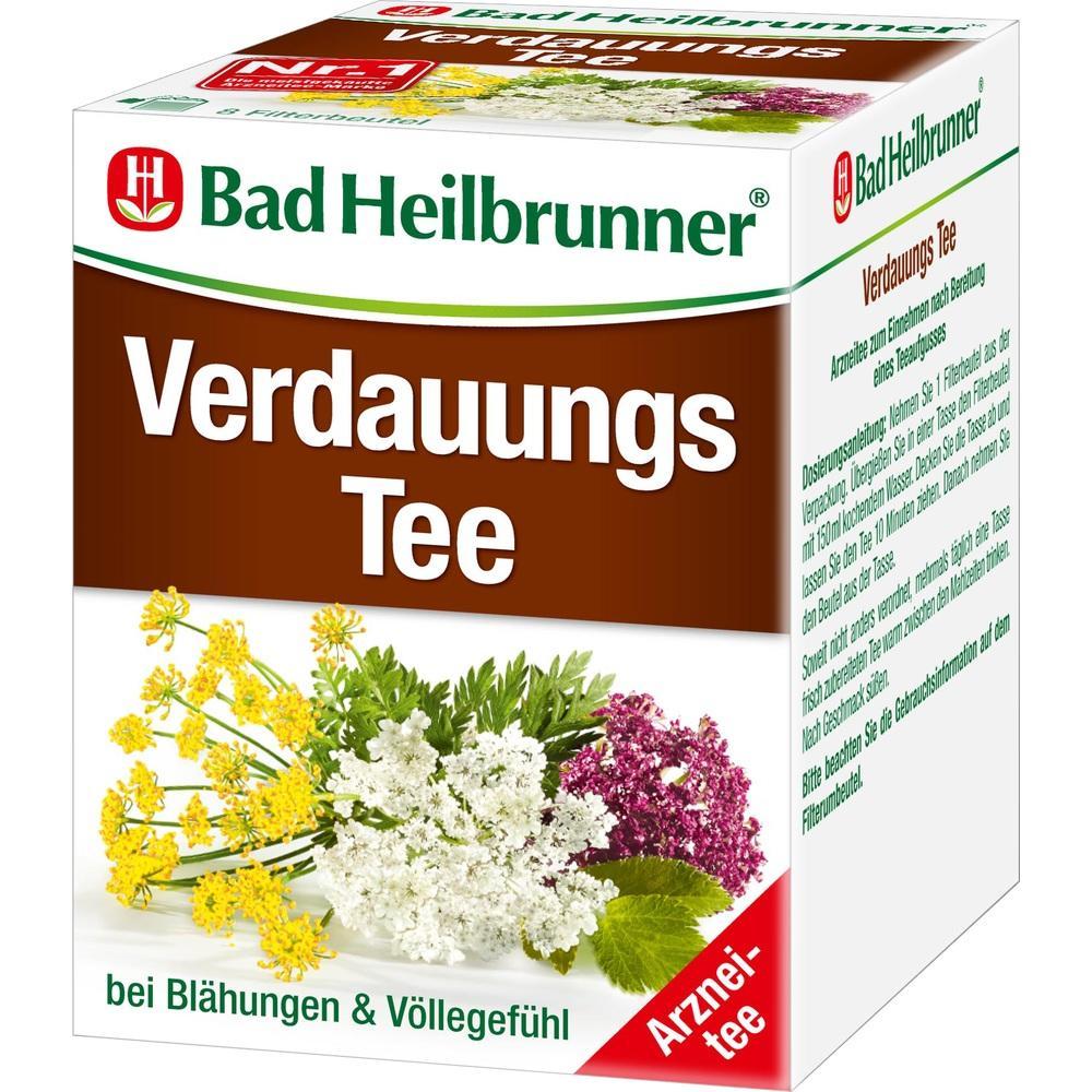 Packung Verdauungstee von Bad Heilbrunner mit bunten Blüten vorne.