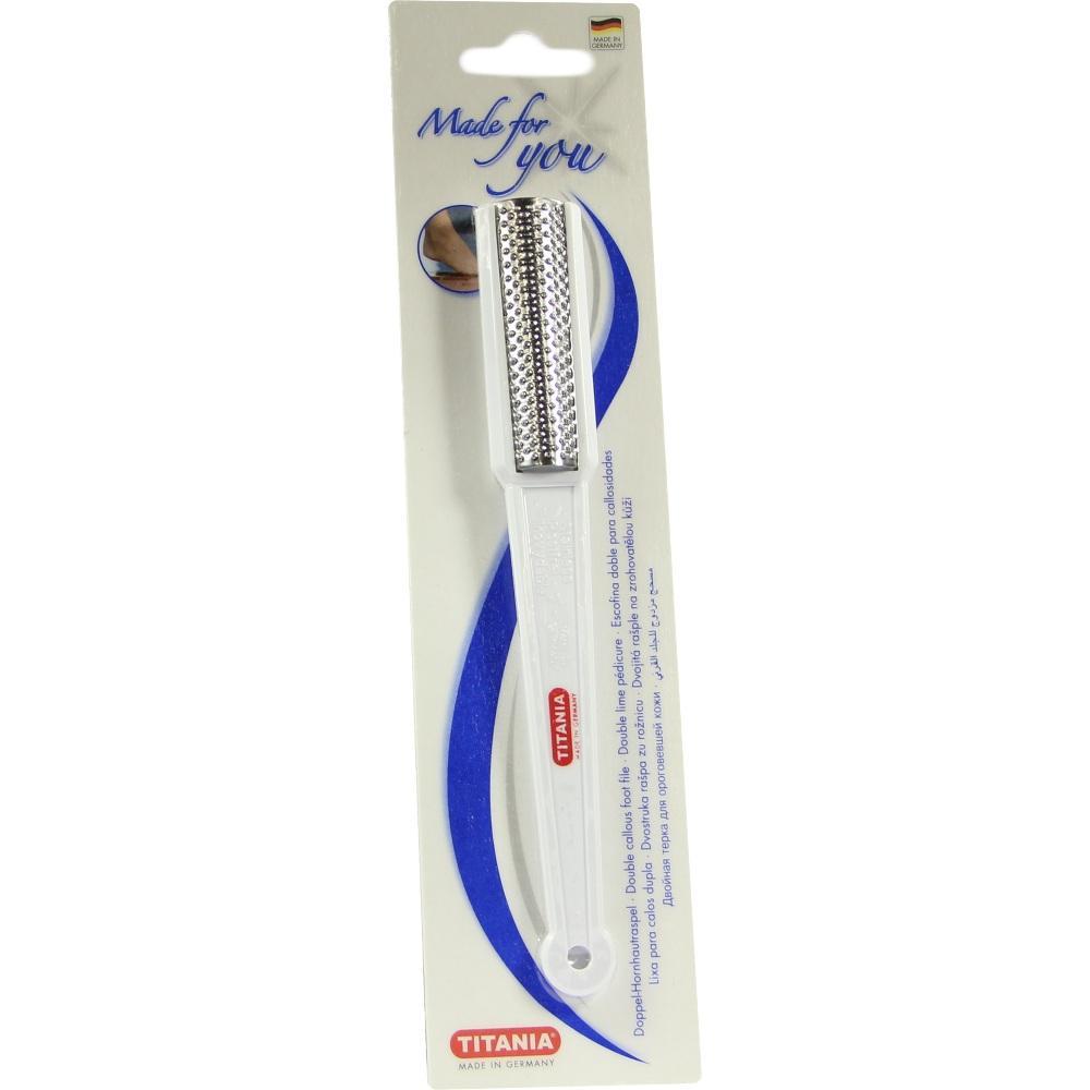 Weiße Hornhautfeile in Verpackung mit blauem Aufdruck.