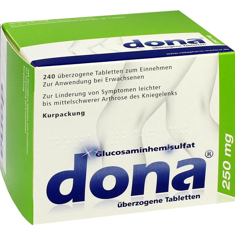 Gr&uuml;n-wei&szlig;e Packung von "dona" Tabletten zur Linderung von Arthrose-Symptomen.