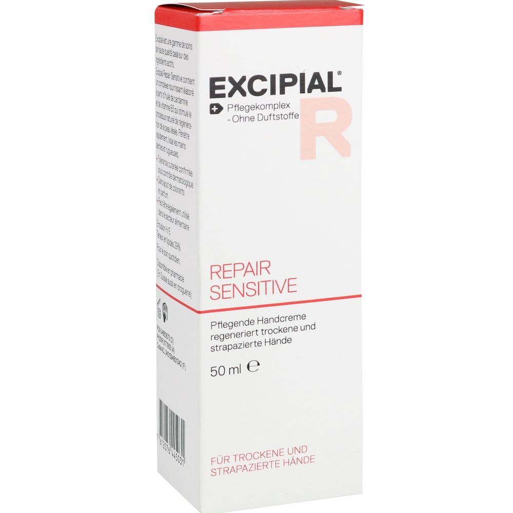 Weiße Schachtel mit der Aufschrift „Excipial Repair Sensitive“, eine Handcreme für trockene Hände.