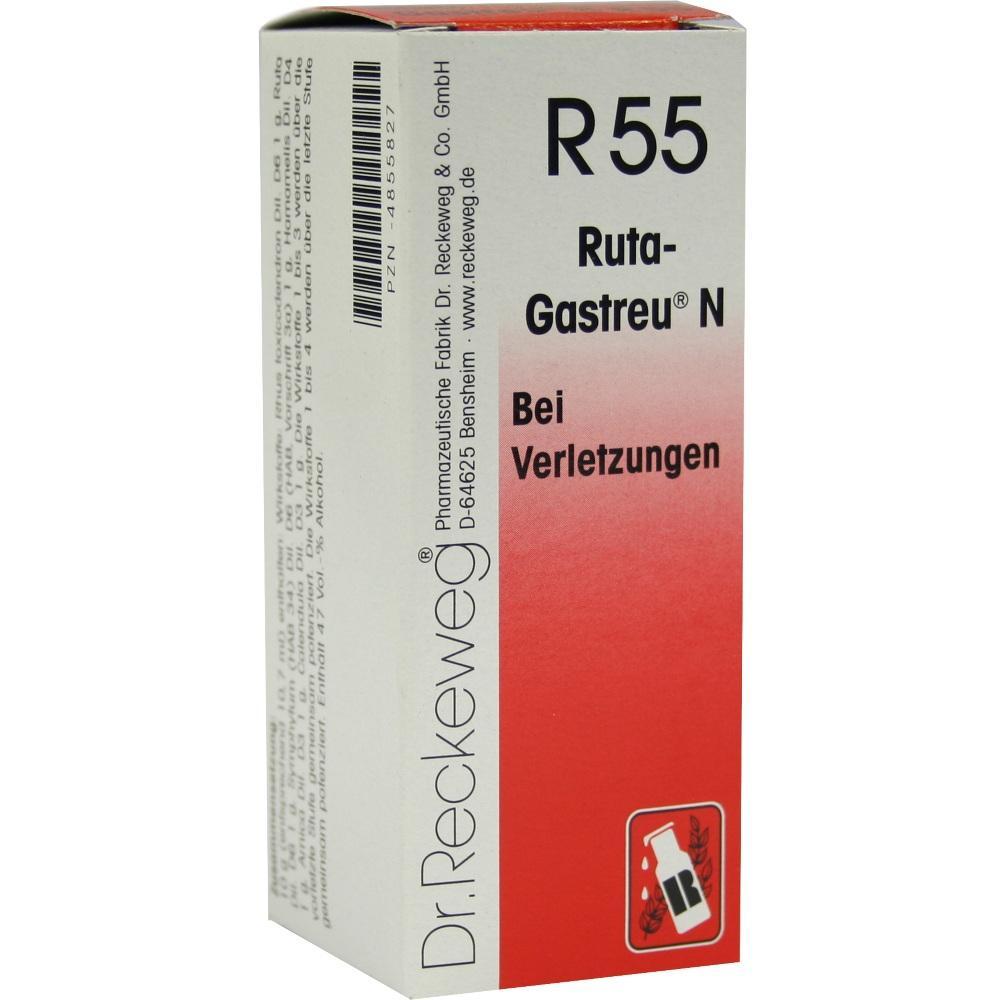 Wei&szlig;e Verpackung mit rotem Bereich, Text: "R55 Ruta-Gastreu N, Bei Verletzungen".