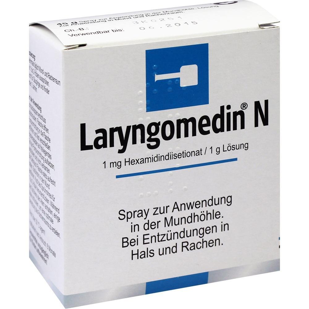 Eine weiße Verpackung des Sprays Laryngomedin N zur Anwendung im Mund.