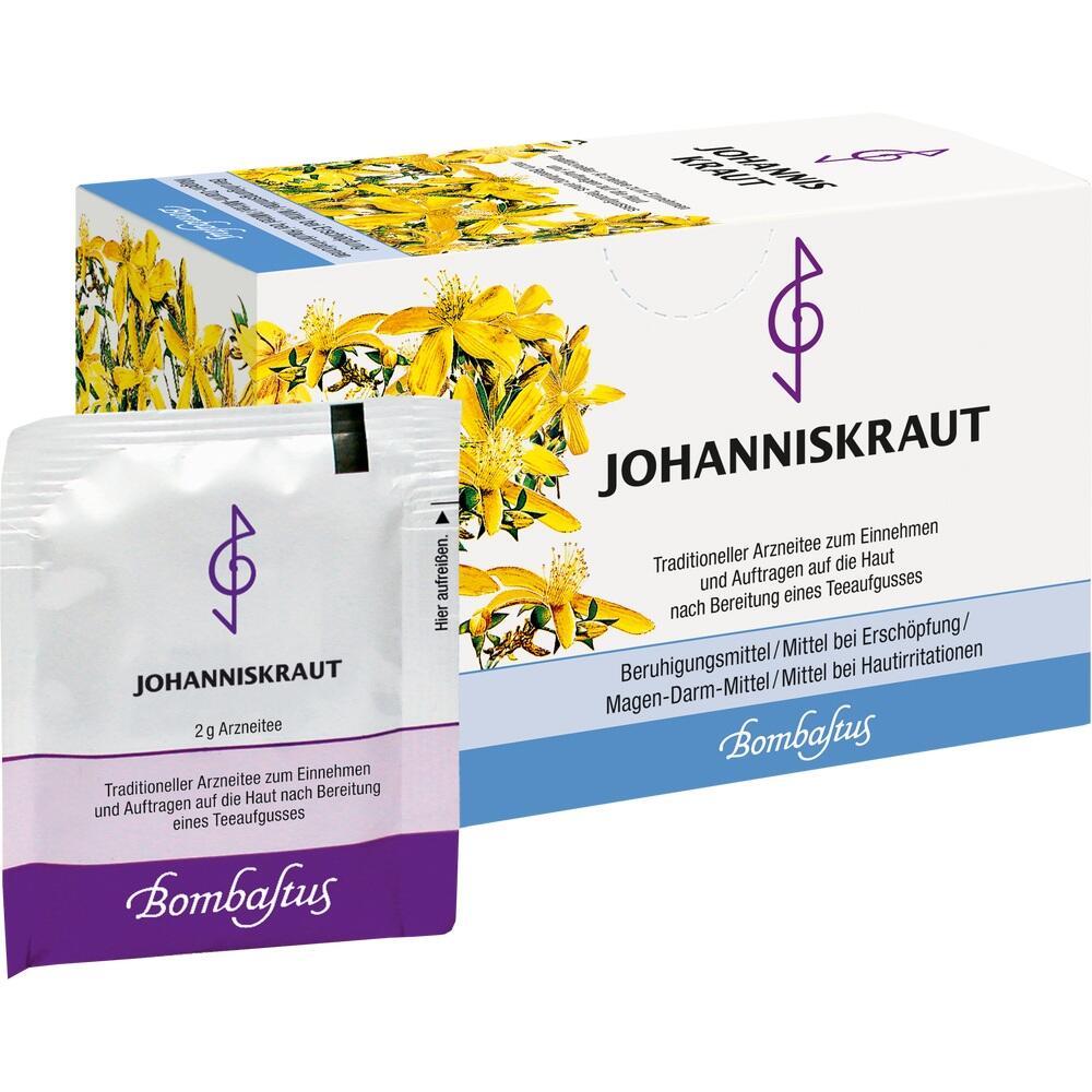 Eine Packung und ein Beutel Johanniskraut-Tee mit gelben Blumen auf der Verpackung.