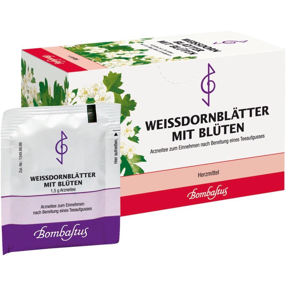 Eine Packung mit Tee aus Weißdornblättern und Blüten für Herzgesundheit.