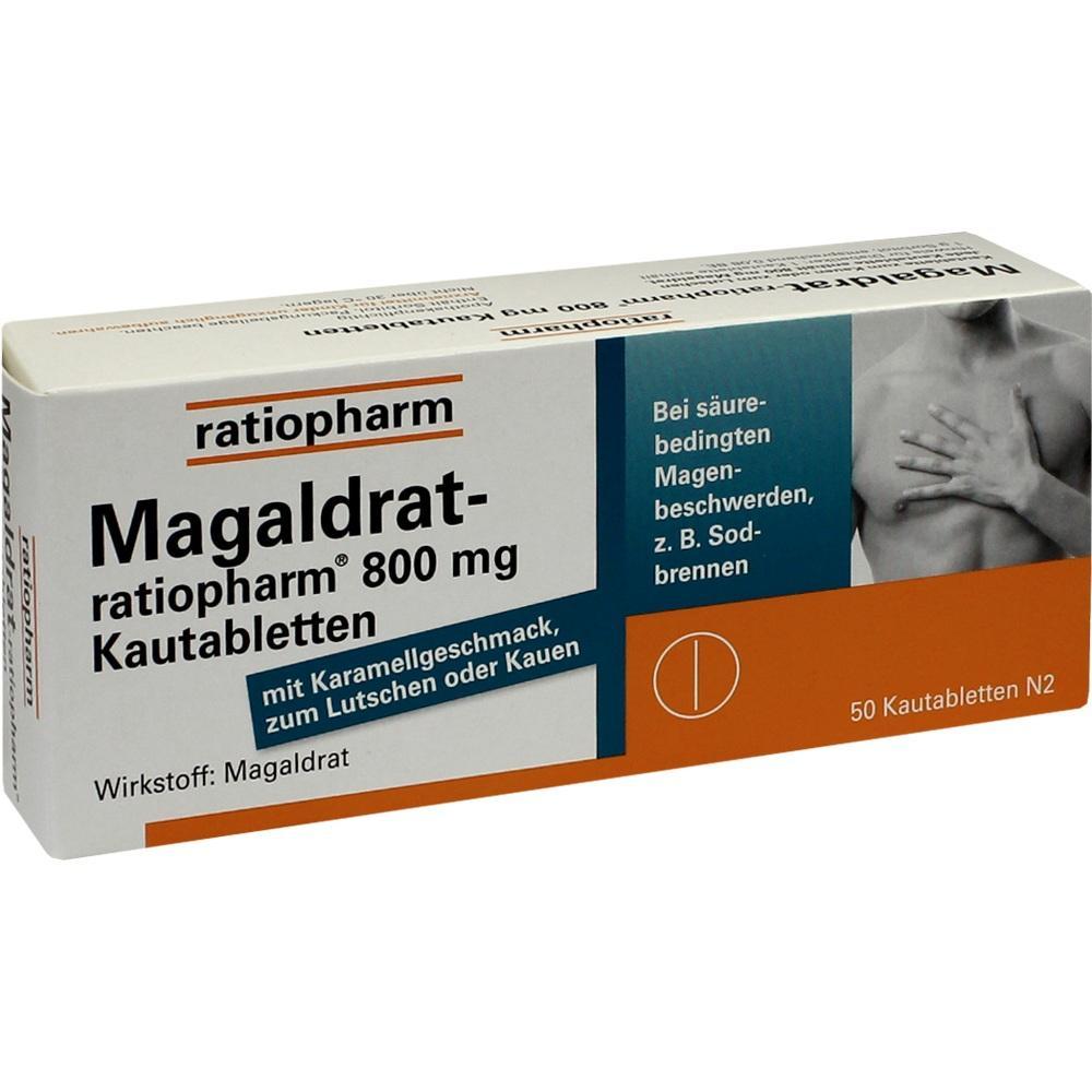 Schachtel mit Magaldrat-Kautabletten gegen Sodbrennen, 50 Stück.