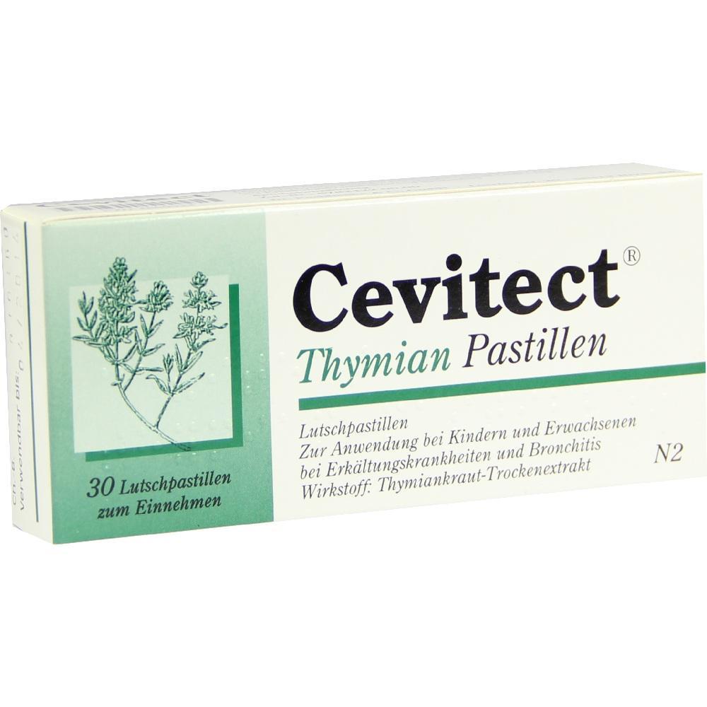 Packung mit Cevitect-Thymian-Lutschpastillen gegen Erkältung.