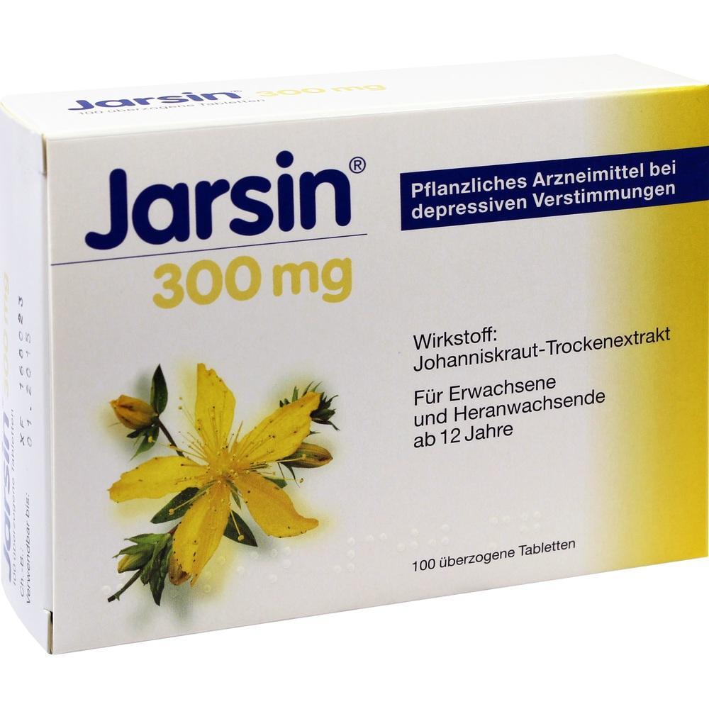 Verpackung eines pflanzlichen Arzneimittels mit Johanniskraut für depressive Verstimmungen.