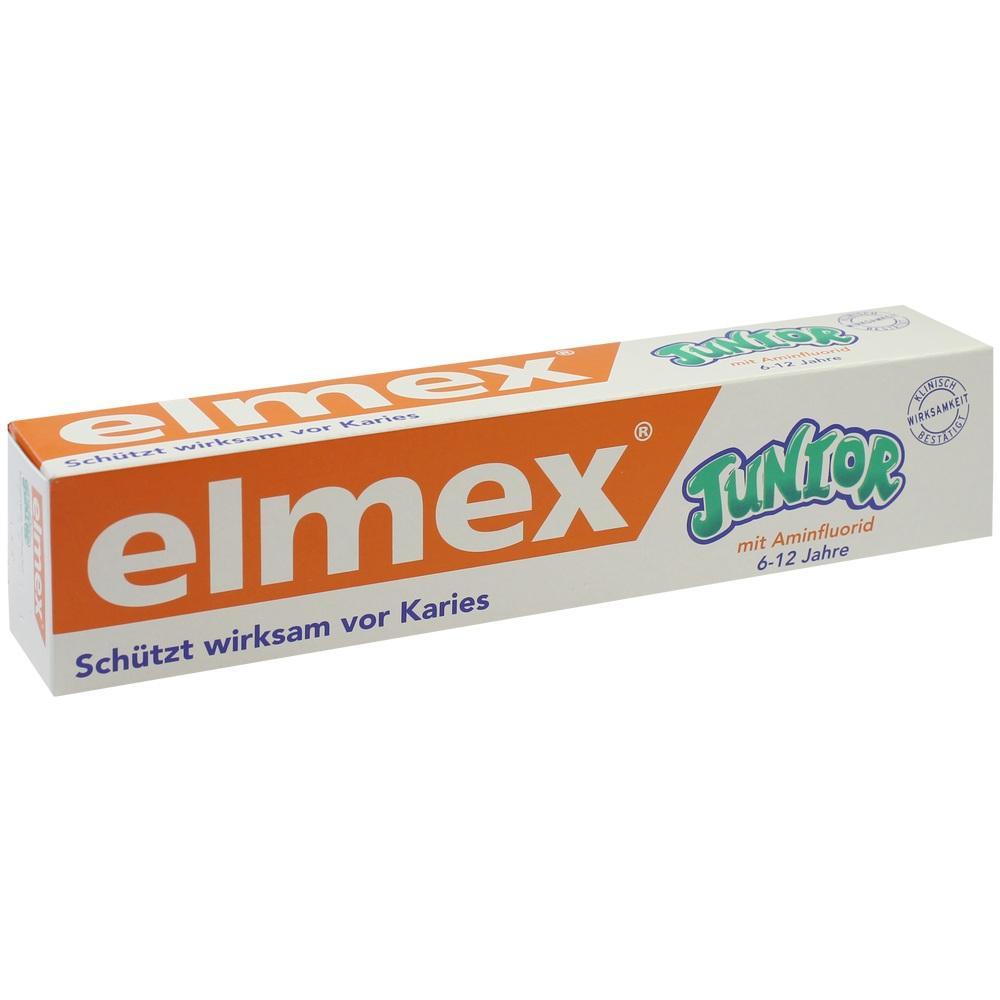 Eine Zahnpastatube für Kinder mit dem Namen "elmex Junior".