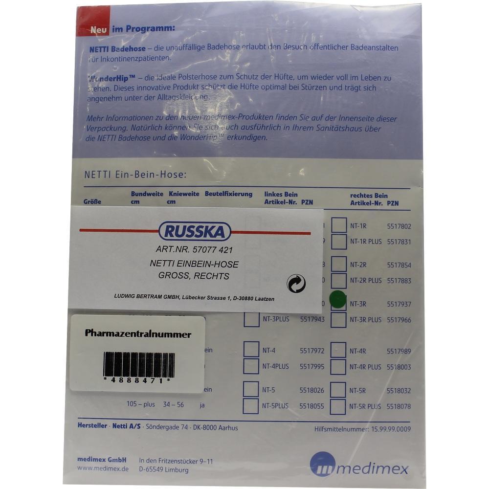 Verpackung einer NETTI Einbein-Hose mit Produktinformationen und Barcode.