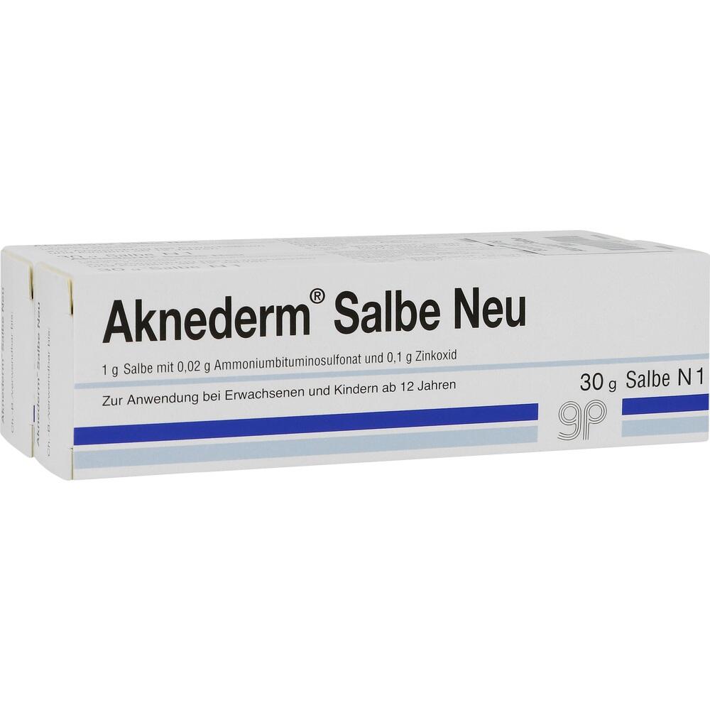 Weiße Schachtel mit der Aufschrift Aknederm Salbe Neu gegen Akne.