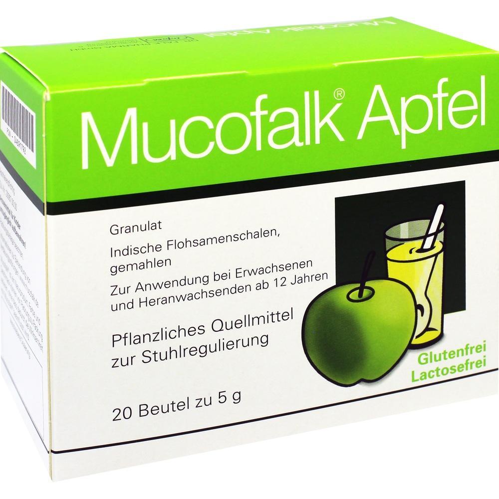 Grüne Packung von Mucofalk Apfel mit Glas und Apfelbild, pflanzliches Mittel zur Verdauung.