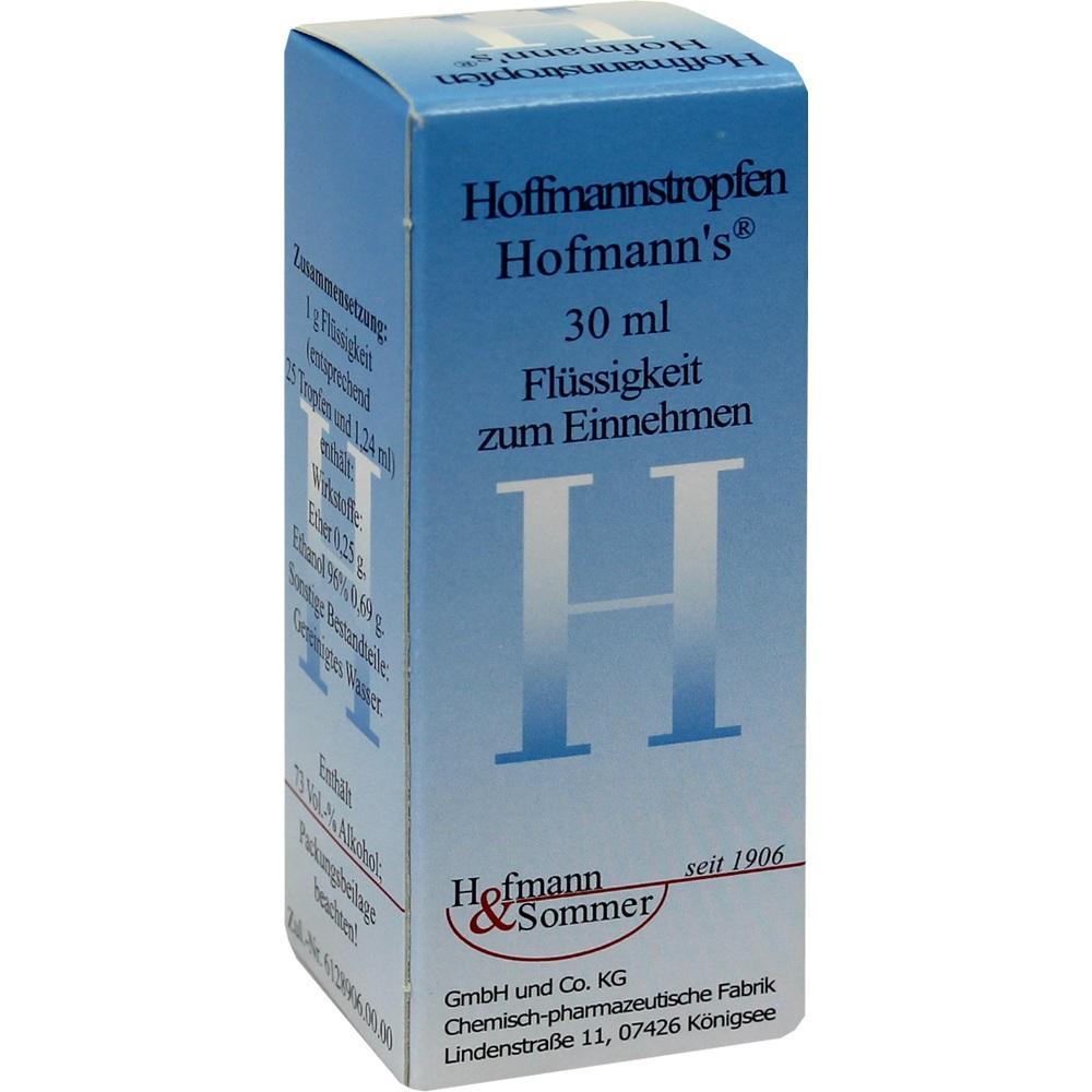 Eine blaue Verpackung von Hofmannstropfen mit 30 ml Flüssigkeit zum Einnehmen.