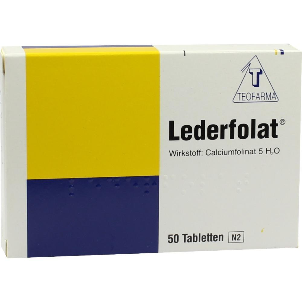 Packung mit Medikamenten namens Lederfolat von Teofarma, enthält 50 Tabletten.