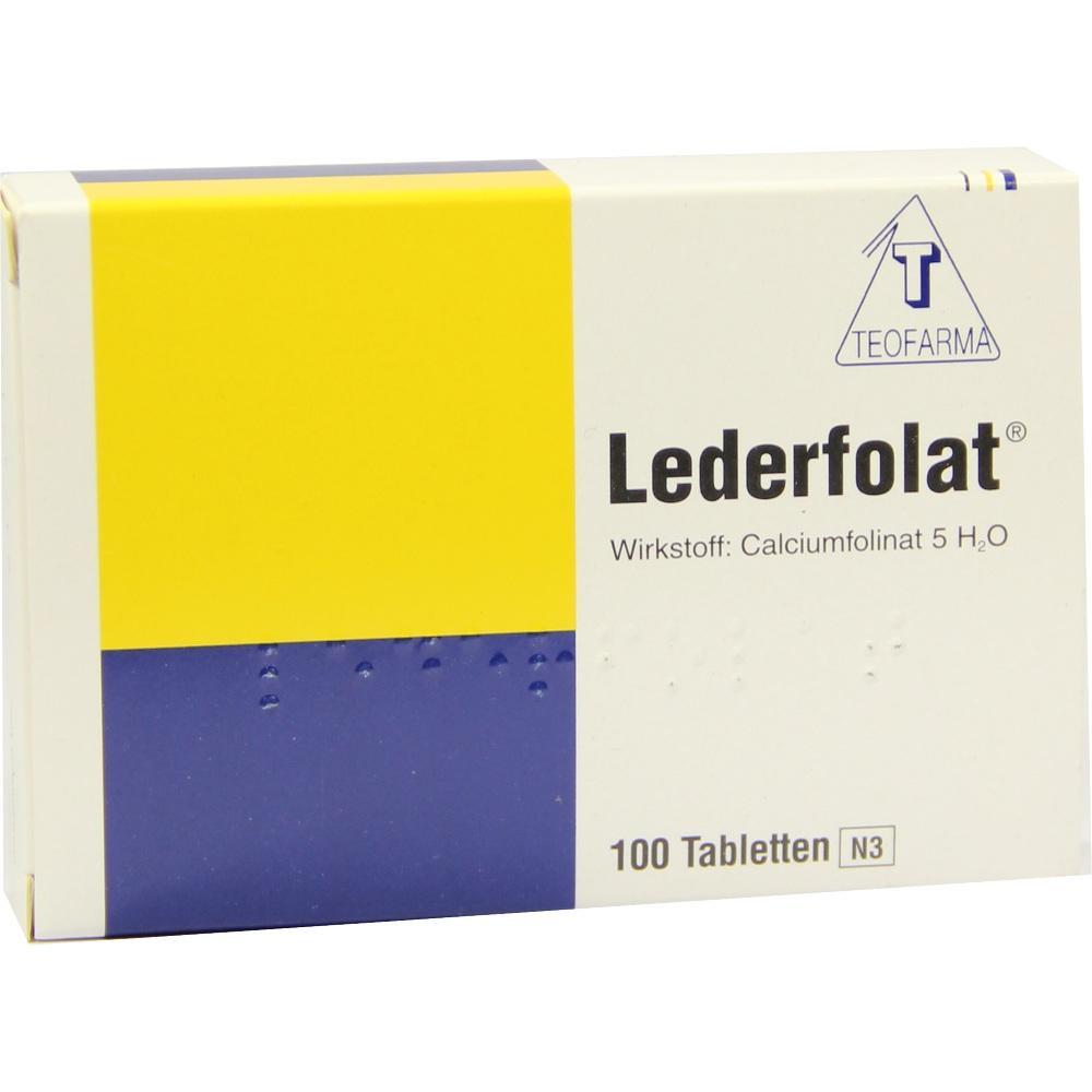 Verpackung von Medikament mit der Aufschrift "Lederfolat" und gelb-blauem Design.
