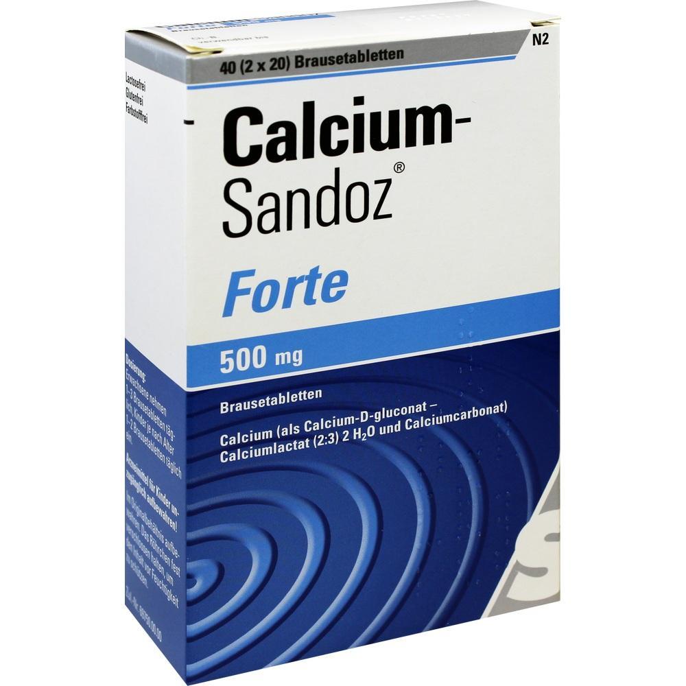 Weiße Packung mit blauen Details und der Aufschrift "Calcium-Sandoz Forte 500 mg".