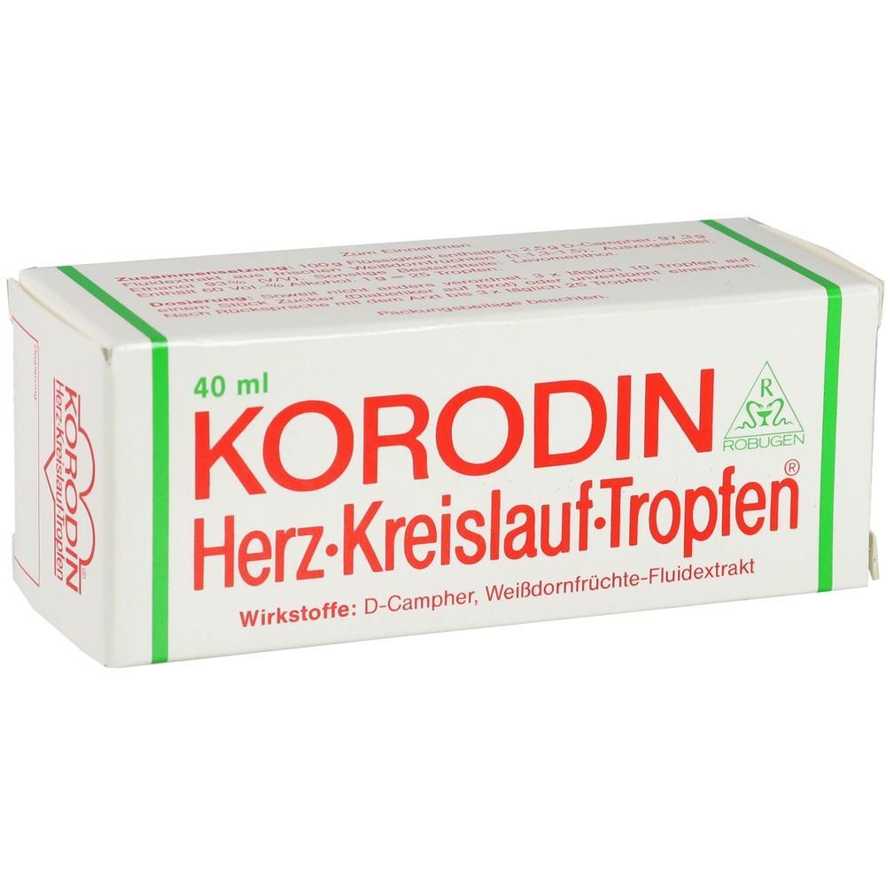 Eine Verpackung für Korodin Herz-Kreislauf-Tropfen mit 40 ml Inhalt.