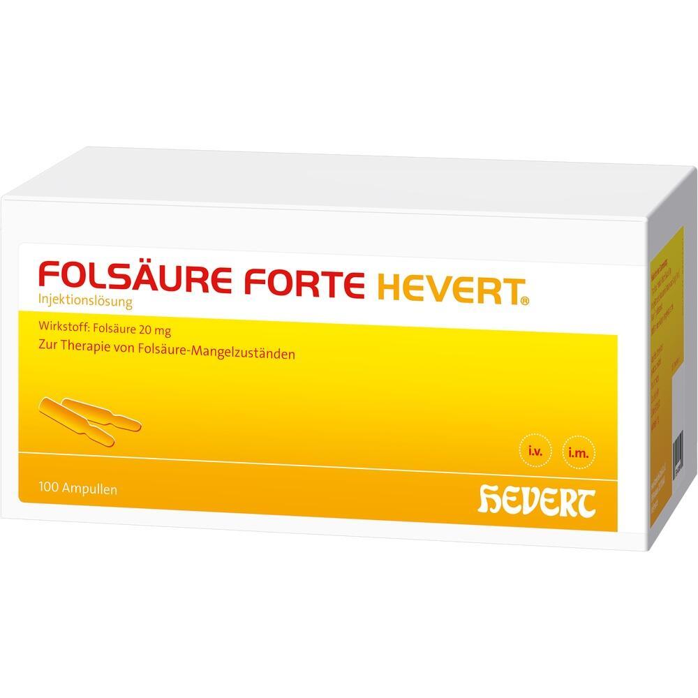 Gelbe Packung mit der Aufschrift "Folsäure forte-Hevert", enthält Injektionslösung.