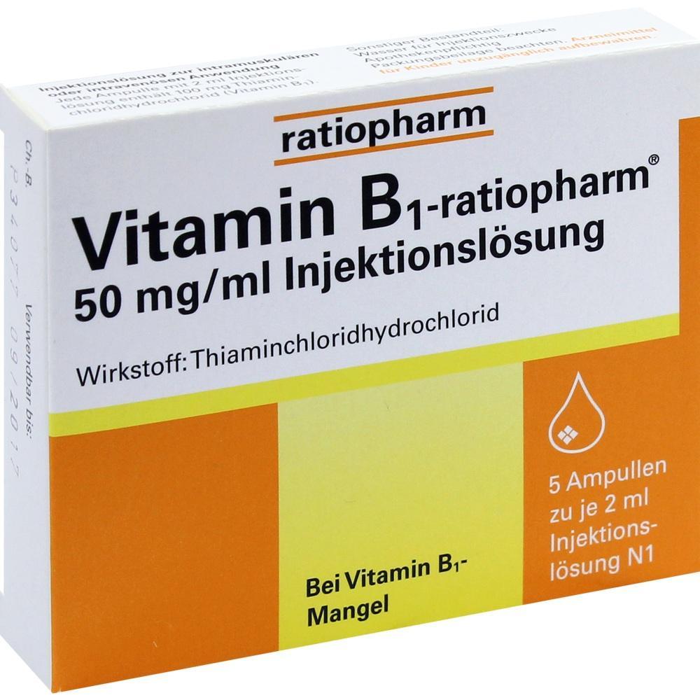 Eine Packung Vitamin B1 Injektionslösung der Marke Ratiopharm.