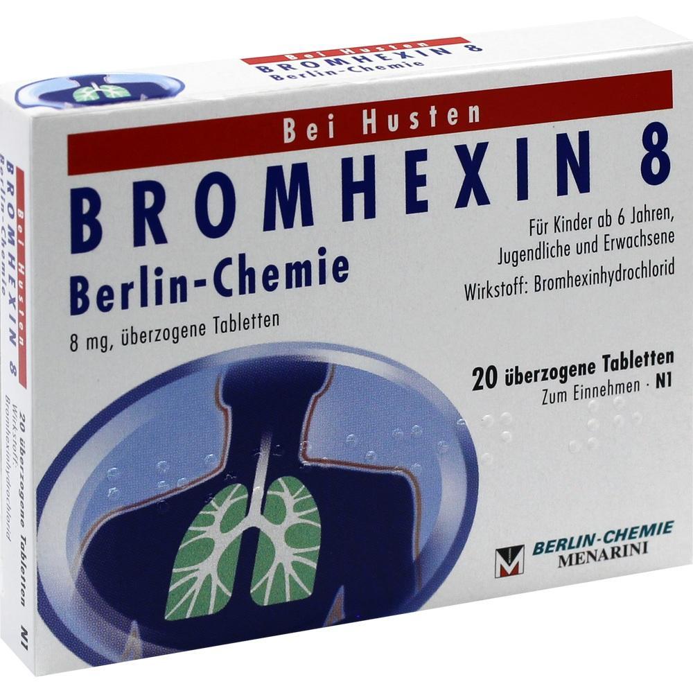 Eine Packung Bromhexin-Tabletten gegen Husten f&uuml;r Kinder ab 6 Jahren und Erwachsene.