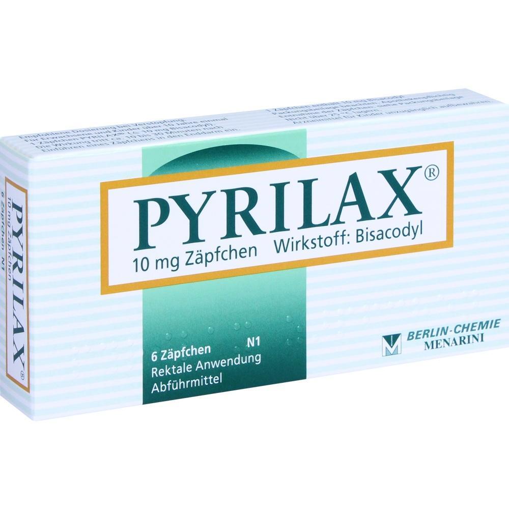 Eine Packung mit Z&auml;pfchen namens Pyrilax, ein Abf&uuml;hrmittel.