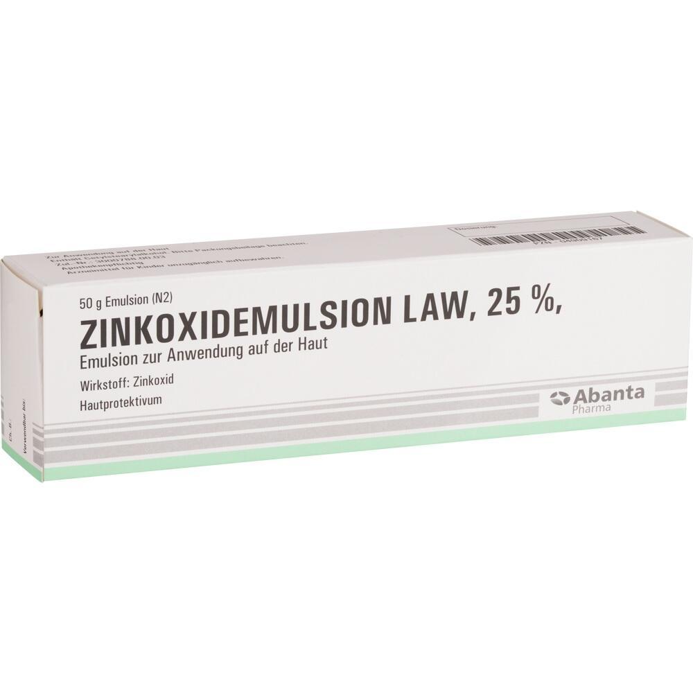 Eine weiße Schachtel mit der Aufschrift "Zinkoxidemulsion LAW, 25%".