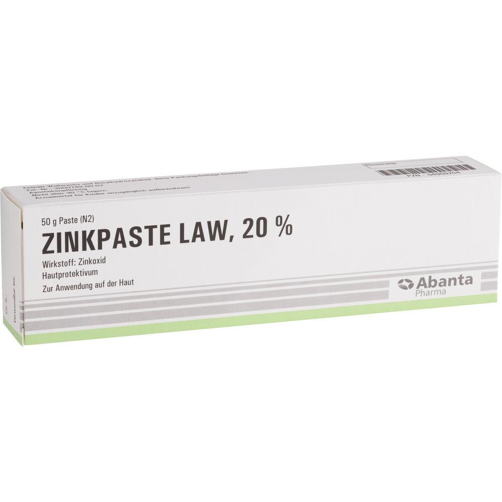 Eine weiße Packung mit der Aufschrift "Zinkpaste LAW, 20%".