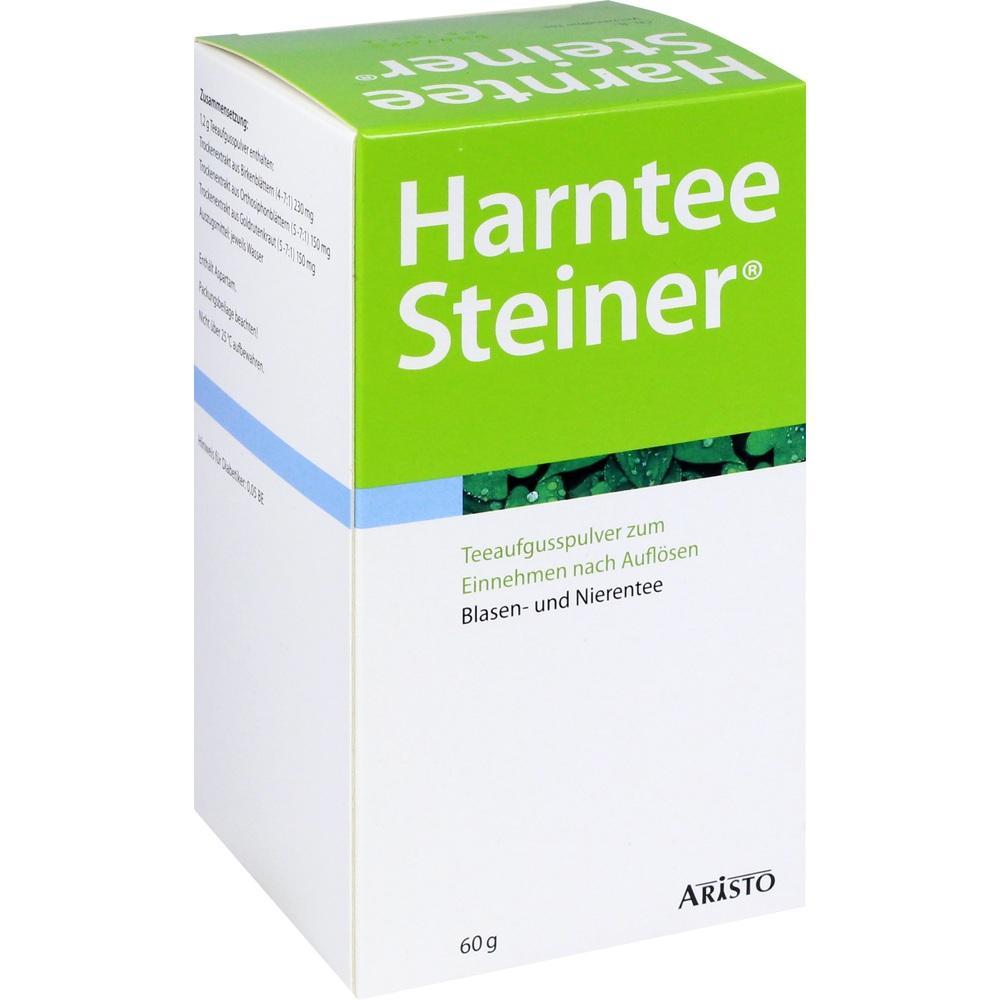 Gr&uuml;ne Packung mit der Aufschrift "Harntee Steiner", ein Blasen- und Nierentee.
