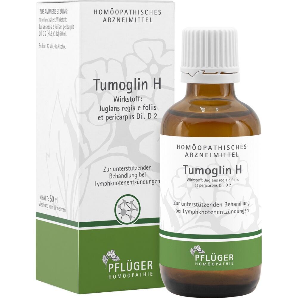 Braune Flasche und Verpackung von Tumoglin H, einem hom&ouml;opathischen Arzneimittel.