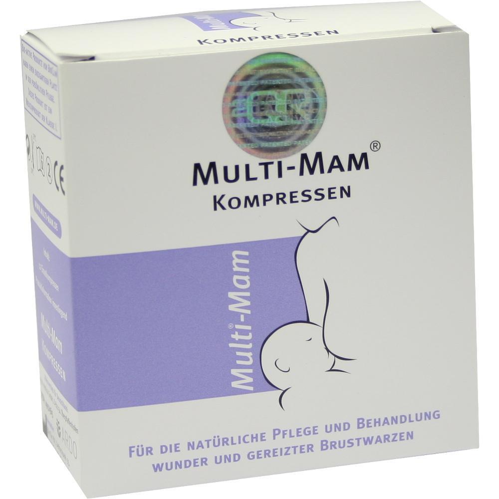 Das Bild zeigt eine Packung "Multi-Mam Kompressen" für gereizte Brustwarzen.