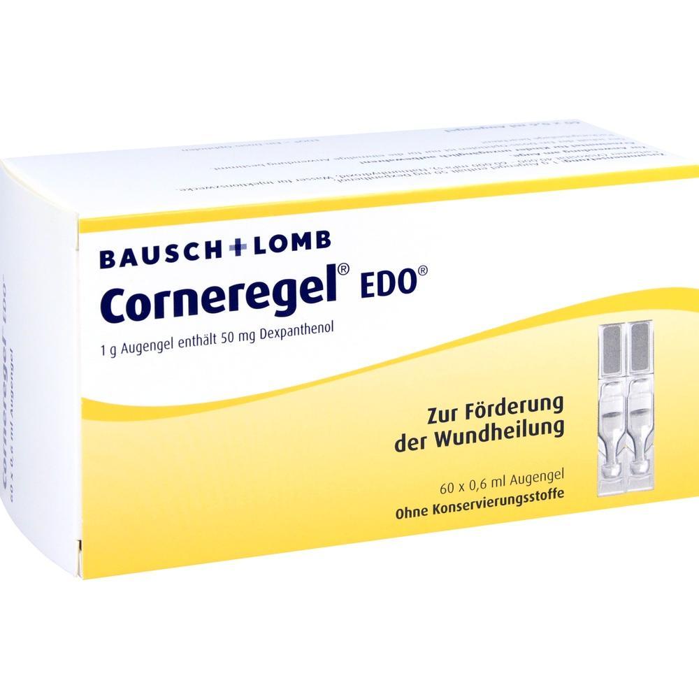 Eine gelbe Packung mit der Aufschrift "Corneregel EDO" f&uuml;r Augenheilung.