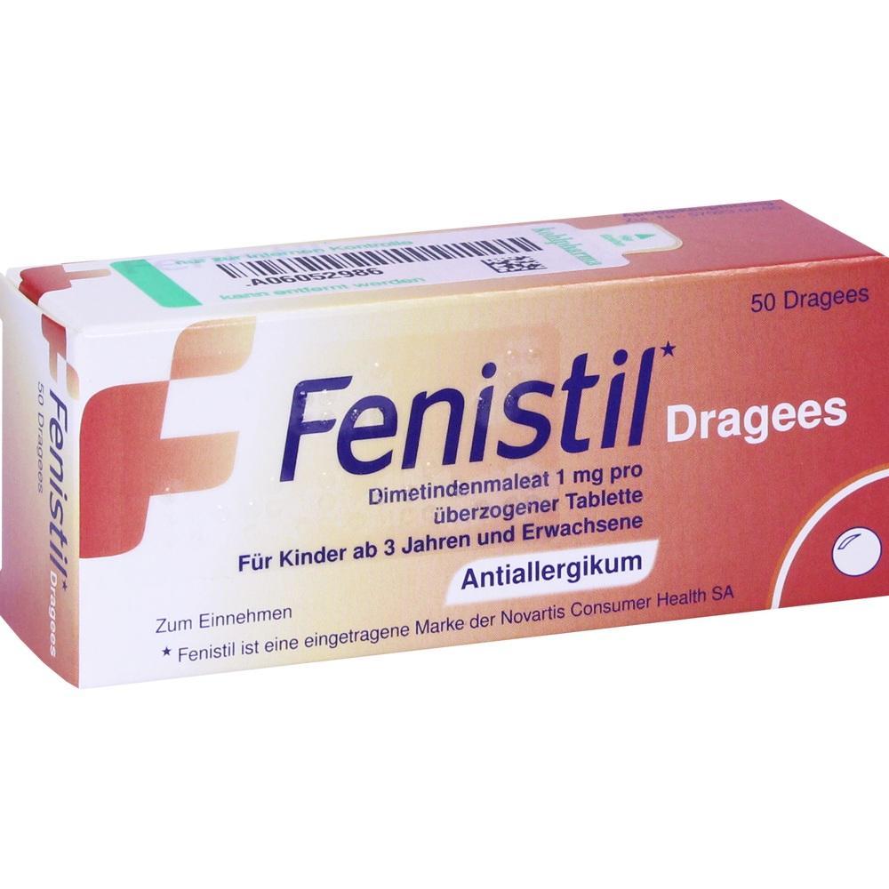 Packung von Fenistil Dragees, ein Medikament gegen Allergien.