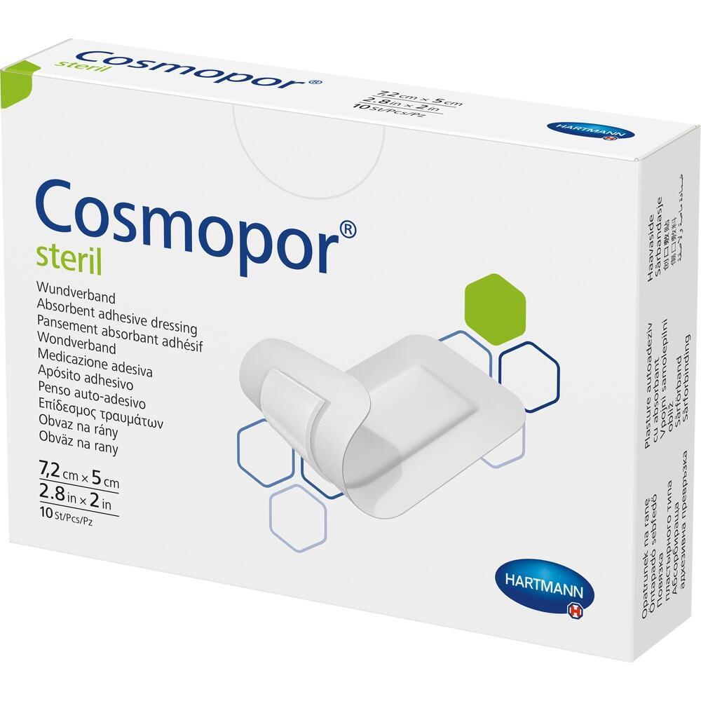 Eine Schachtel mit steril verpackten Wundverbänden der Marke Cosmopor.