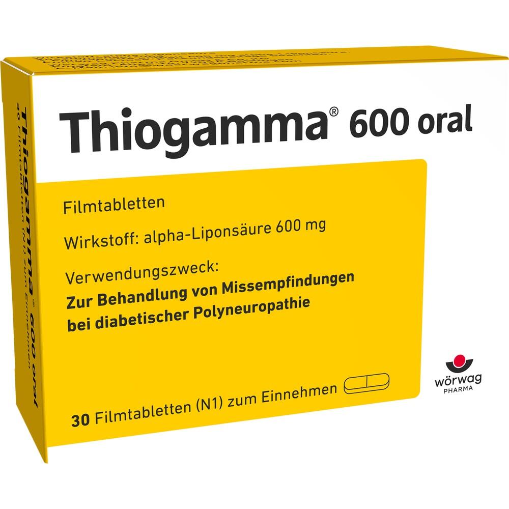 Gelbe Medikamentenverpackung "Thiogamma 600 oral" für diabetische Polyneuropathie.