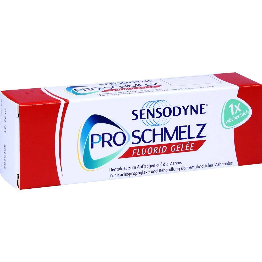 Eine rote und weiße Verpackung von Sensodyne ProSchmelz Zahngel.