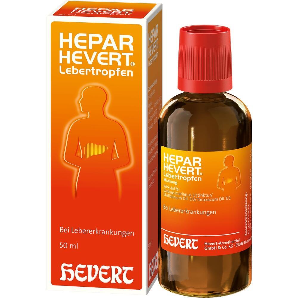 Eine Flasche und Verpackung von Hepar Hevert Lebertropfen gegen Lebererkrankungen.