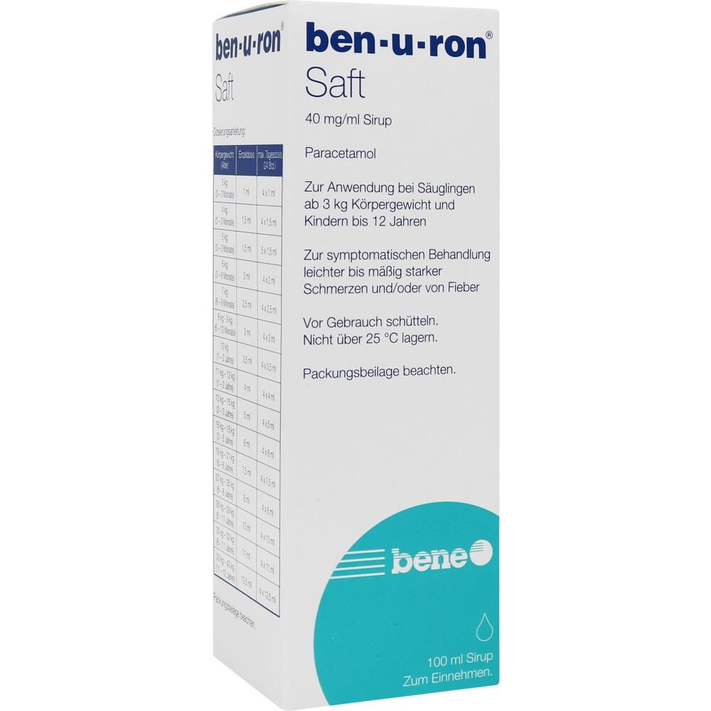 Verpackung von ben-u-ron Saft mit 100 ml für Kinder mit dem Wirkstoff Paracetamol.