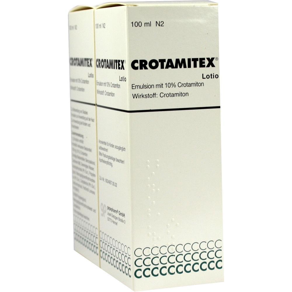 Eine weiße Packung mit der Aufschrift "Crotamitex Lotion".