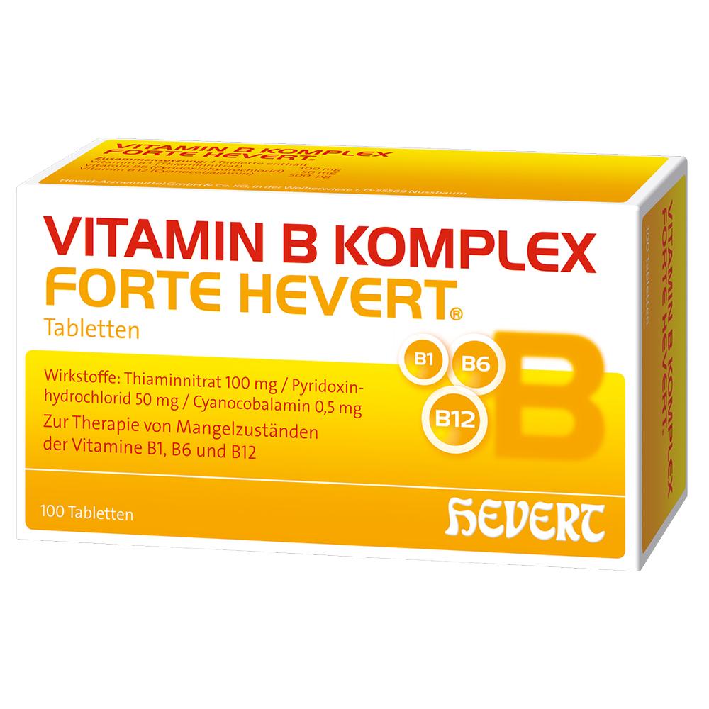 Schachtel mit Vitamin B Komplex Forte Tabletten, gelb-orange gestaltet.