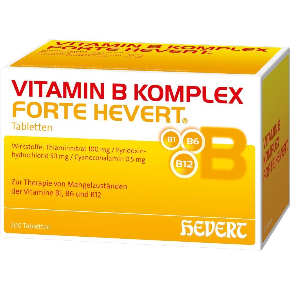 Eine gelbe Packung Vitamin-B-Komplex Forte Hevert Tabletten.