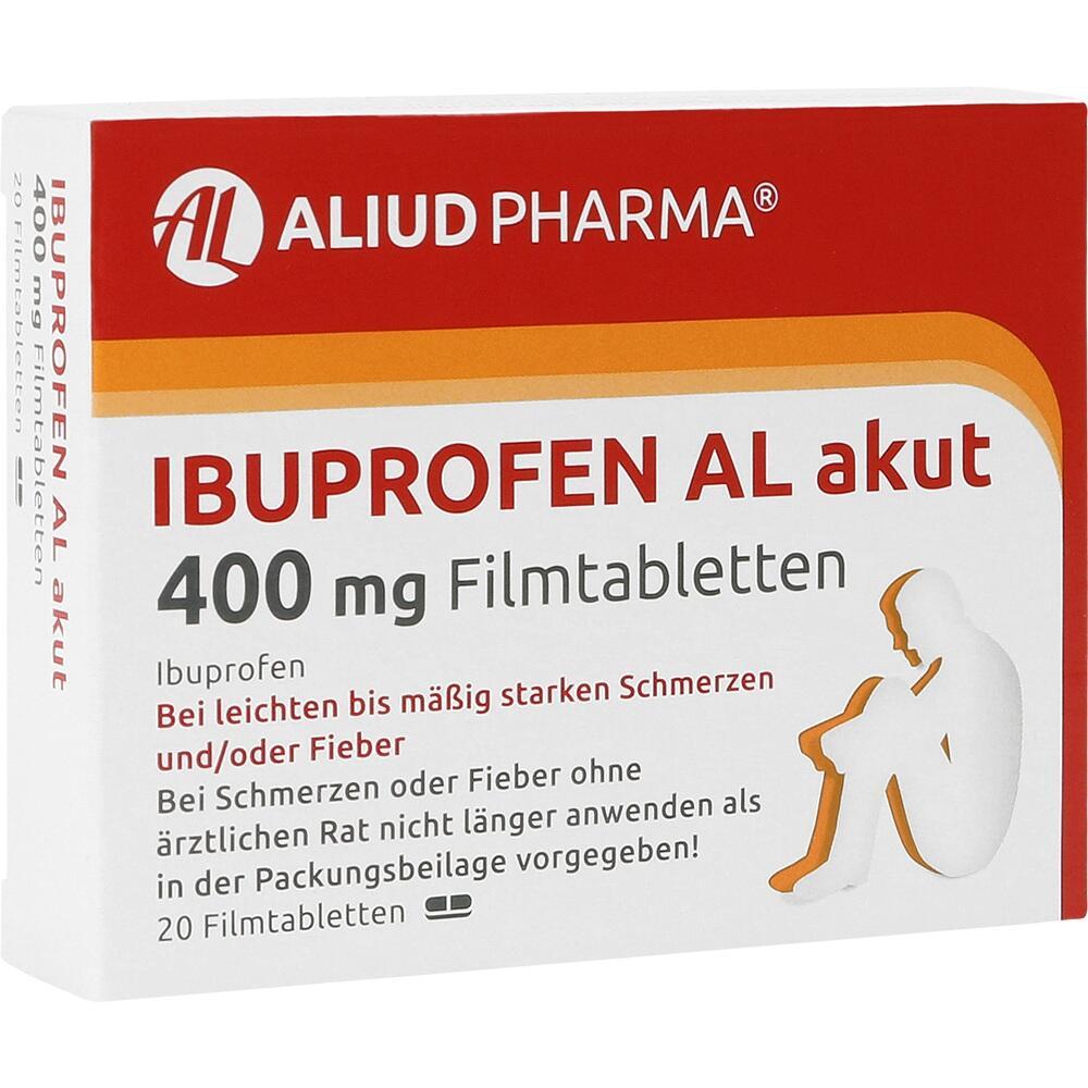 Rote Verpackung mit der Aufschrift "Ibuprofen AL akut 400 mg Filmtabletten".