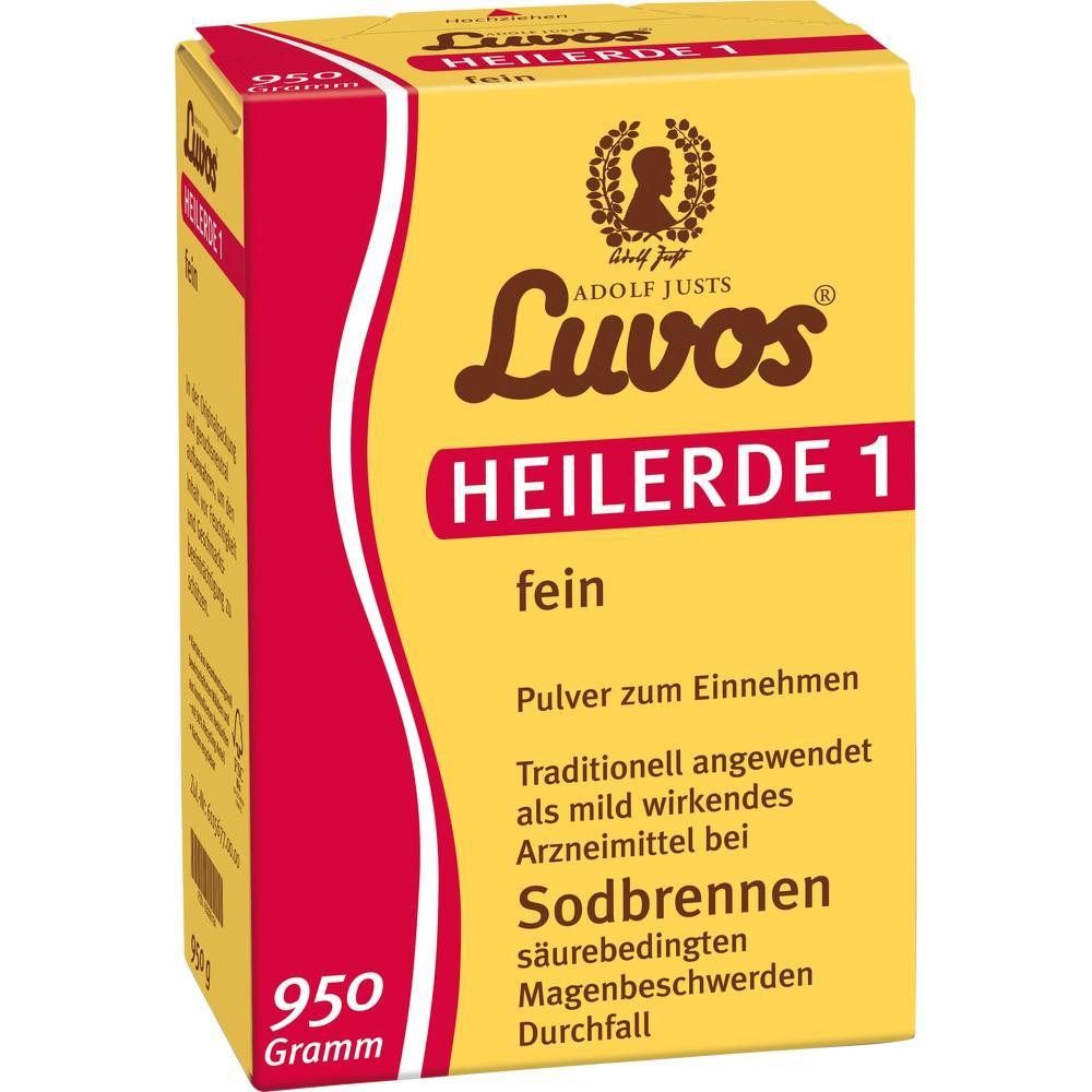 Gelbe Verpackung mit der Aufschrift "Luvos Heilerde 1" für Verdauungsbeschwerden.