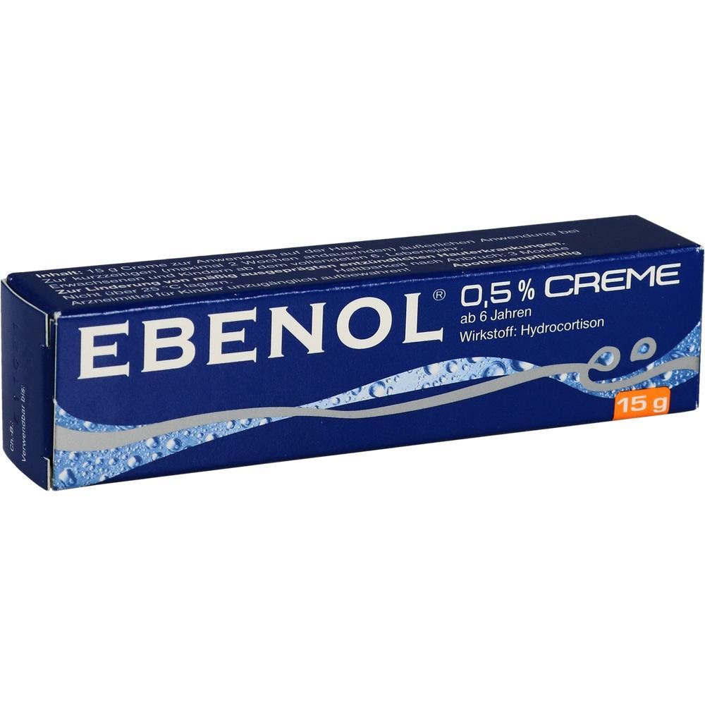 Blaue Packung einer Creme mit der Aufschrift "Ebenol 0,5%".
